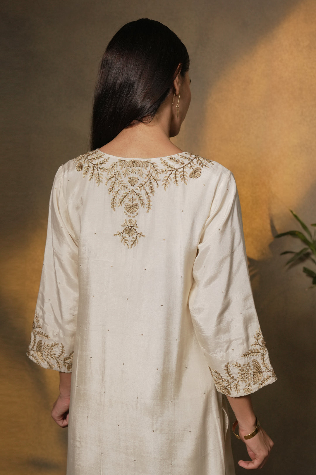 Natural Hand Embroidered Cotton Silk Kurta with Pants and Organza Dupatta