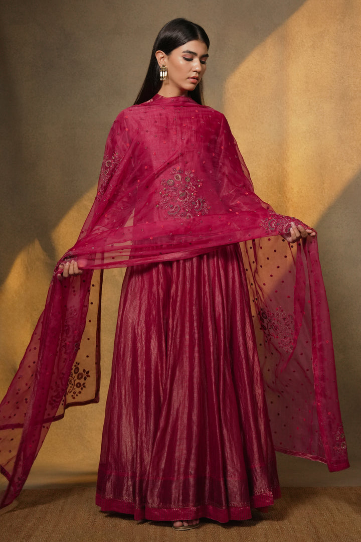 Magenta Pink Hand Embroidered Tissue Lehenga with Blouse & Organza Dupatta