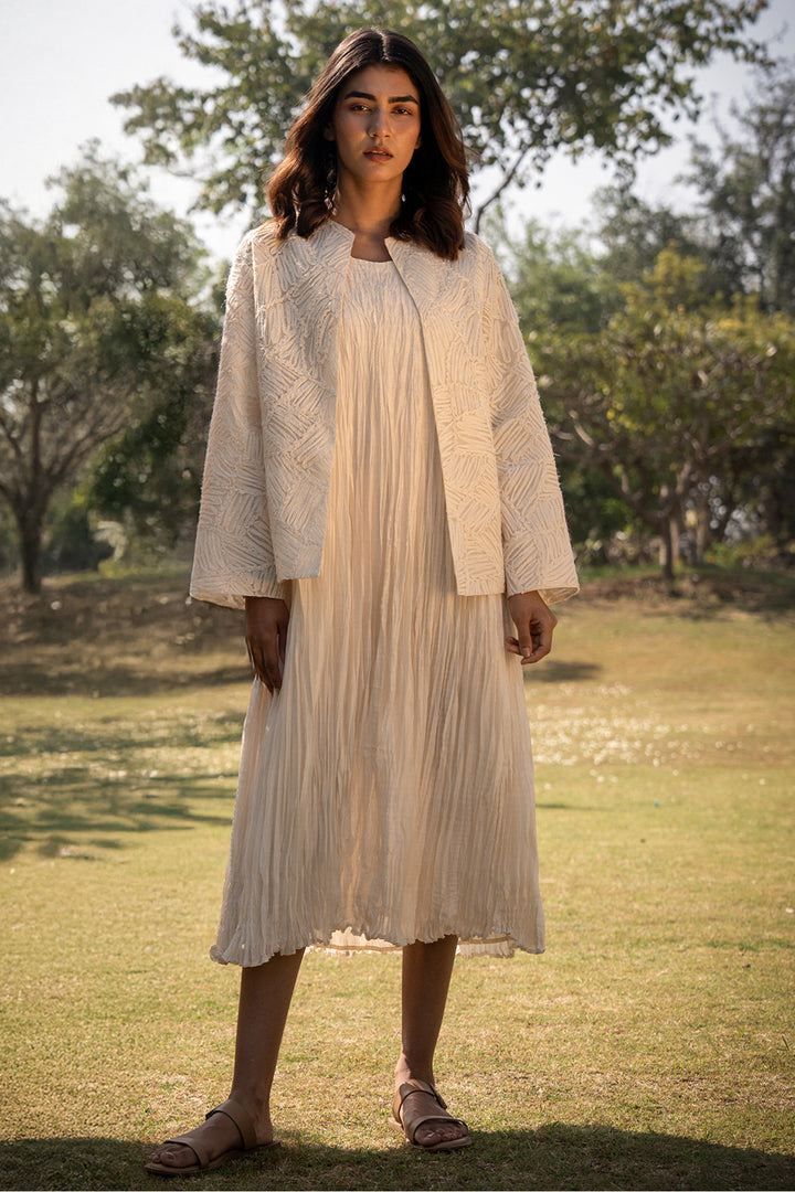 Natural Crinkled Chanderi Dress with Textured Embroidered Jacket