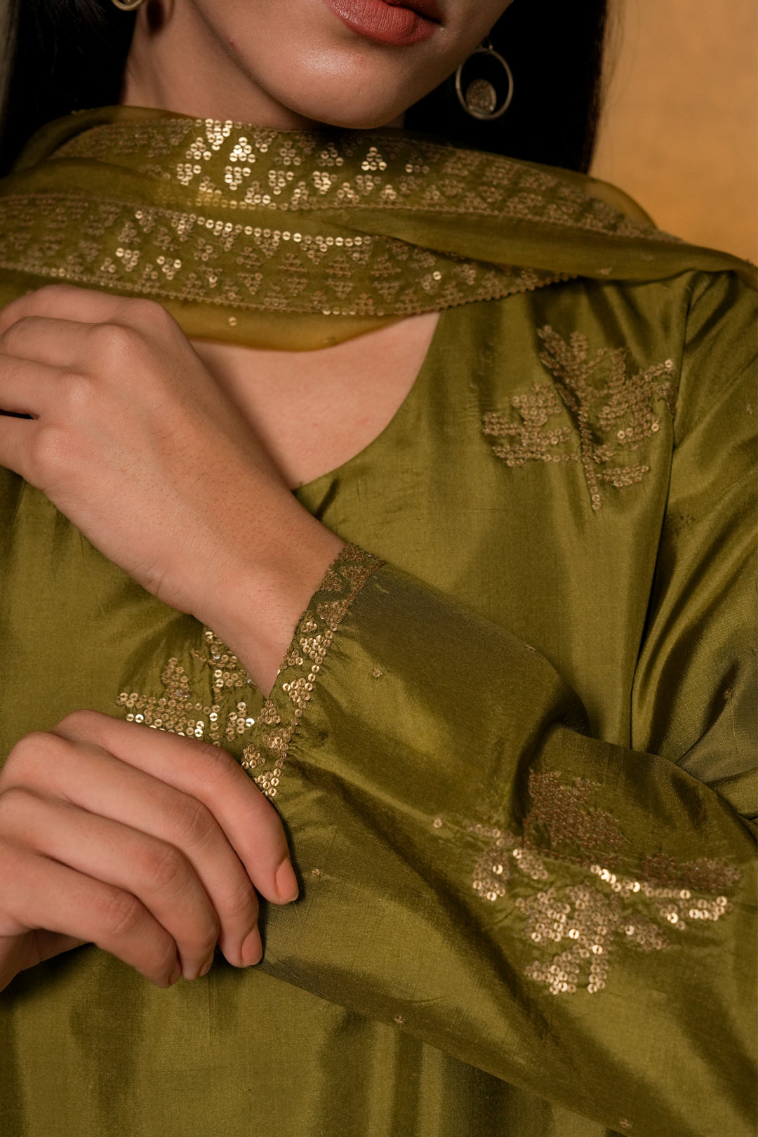 Olive Green Hand Embroidered Silk Kurta with Pants and Organza Dupatta