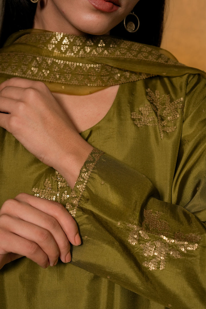 Olive Green Hand Embroidered Silk Kurta with Pants and Organza Dupatta