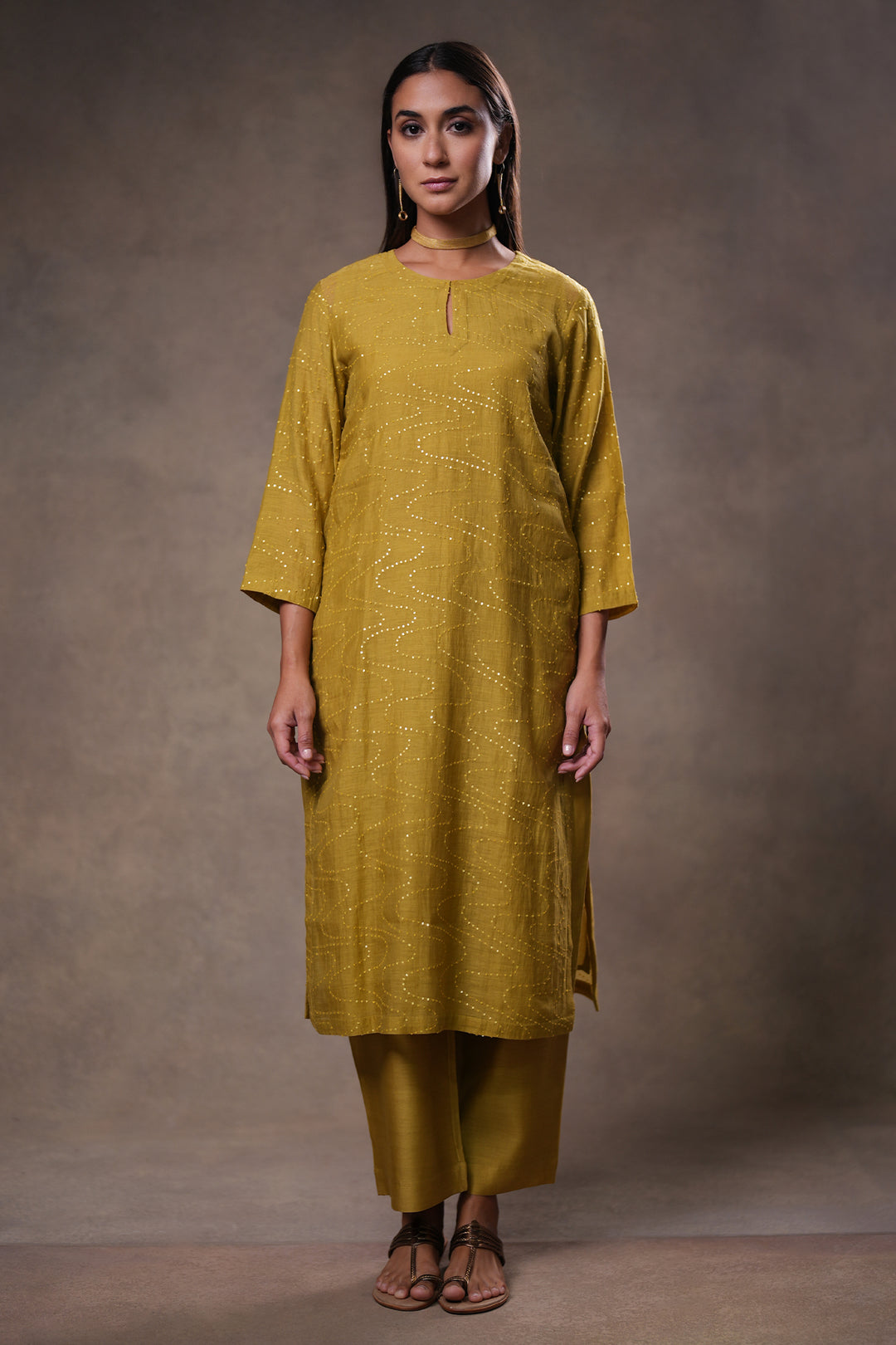 Lime Yellow Hand Embroidered Chanderi Kurta