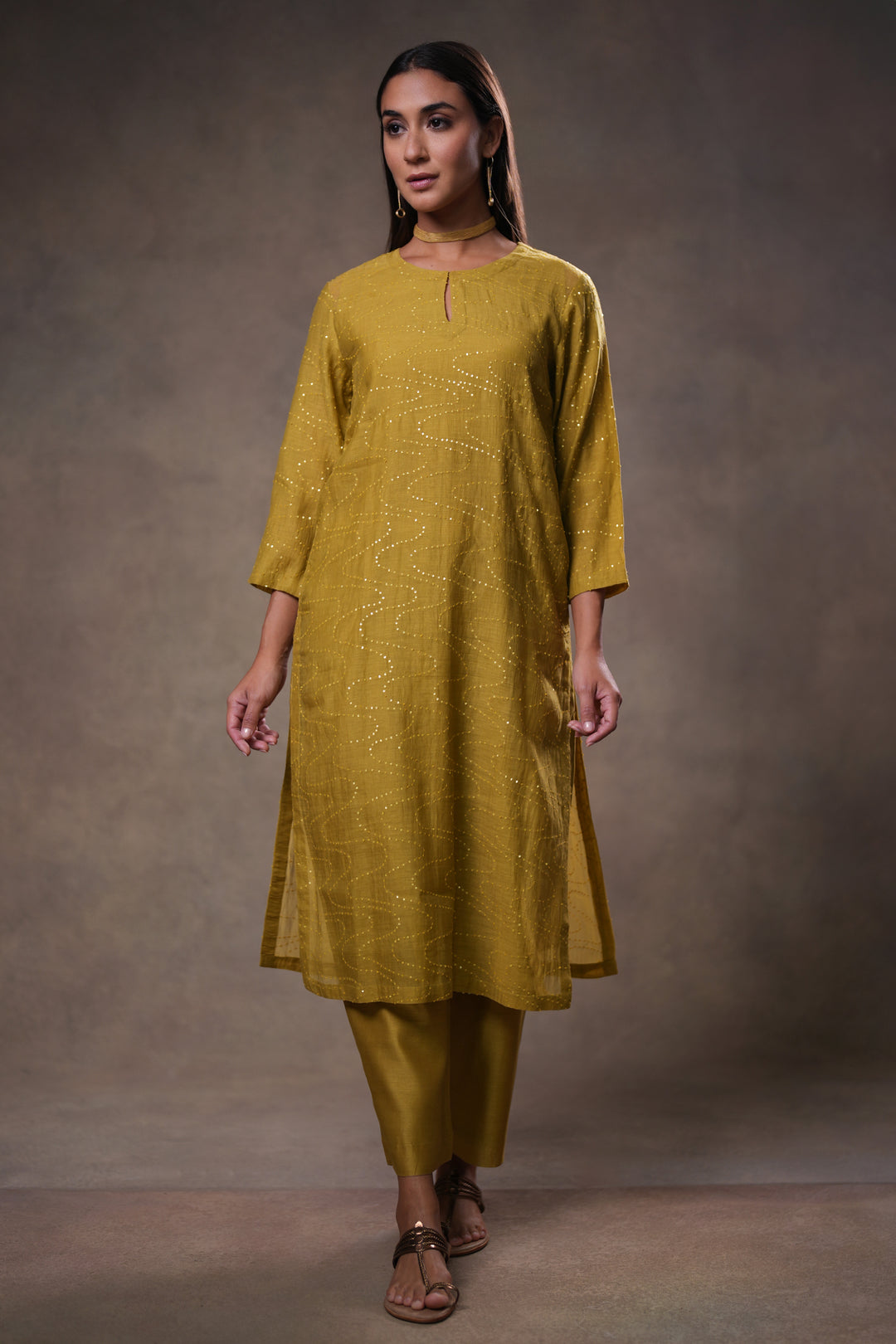 Lime Yellow Hand Embroidered Chanderi Kurta