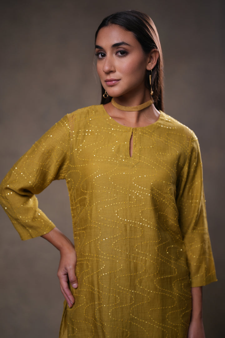 Lime Yellow Hand Embroidered Chanderi Kurta