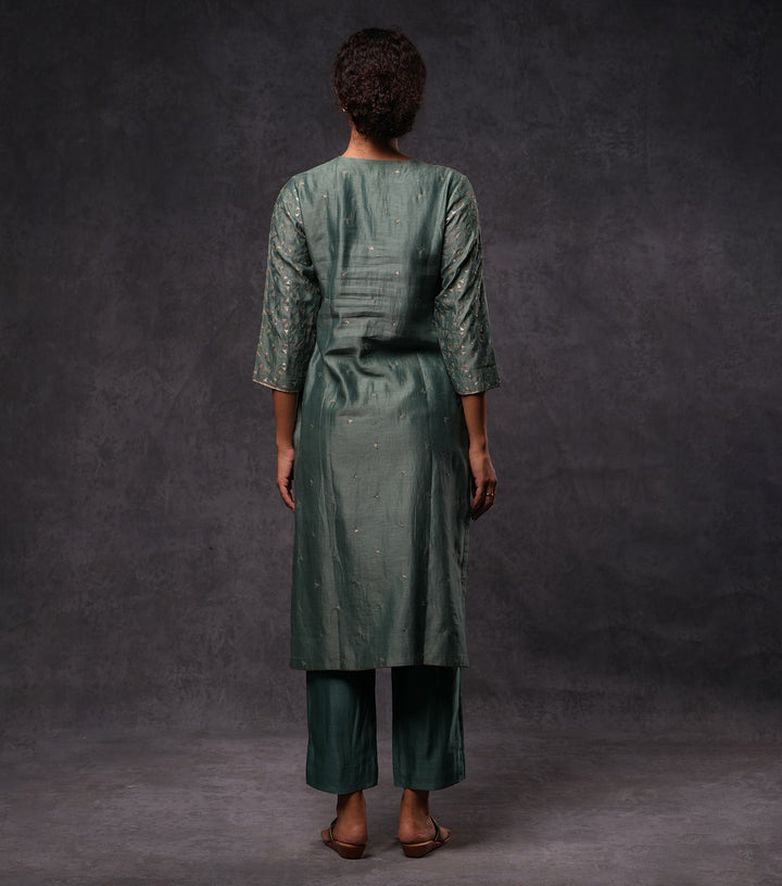 Moss Green Embroidered Cotton Silk Kurta Set