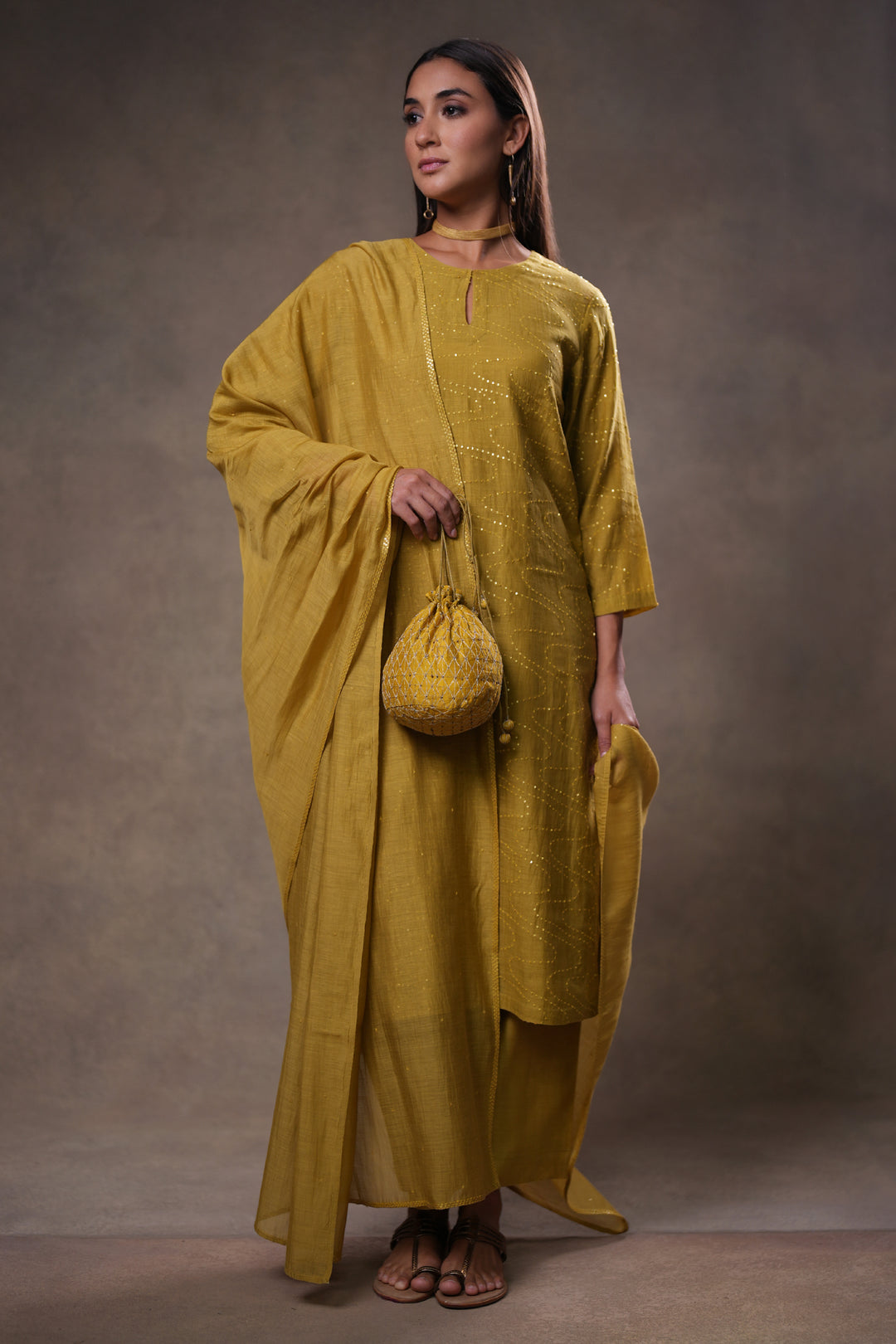 Lime Yellow Hand Embroidered Chanderi Kurta