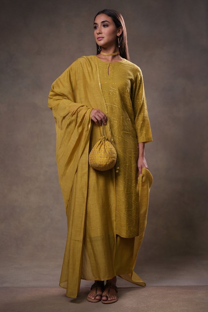 Lime Yellow Hand Embroidered Chanderi Kurta
