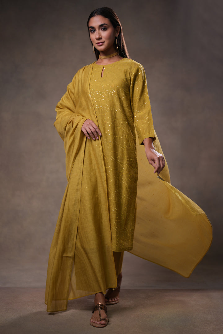 Lime Yellow Hand Embroidered Chanderi Dupatta