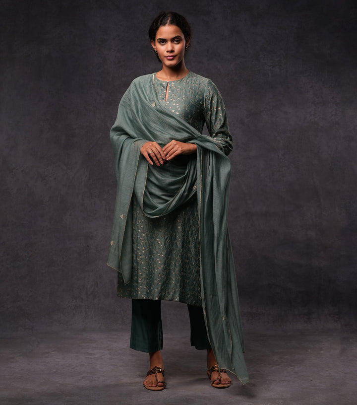 Moss Green Embroidered Cotton Silk Kurta Set