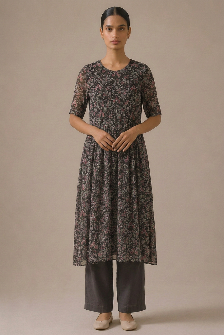 Charcoal Blossom Chiffon Printed Kurta