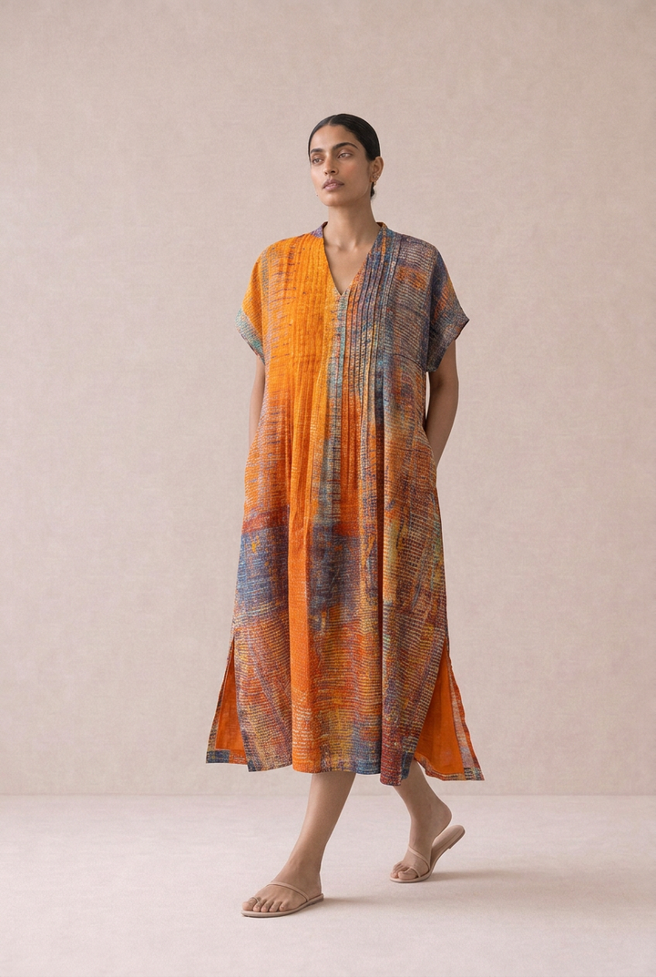 Sunset Haze Printed Pintuck Dress