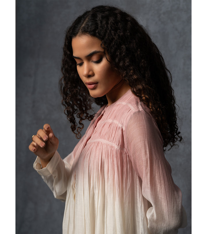 Pink & Ivory Ombre Thread Embroidered Cotton Silk Long Dress