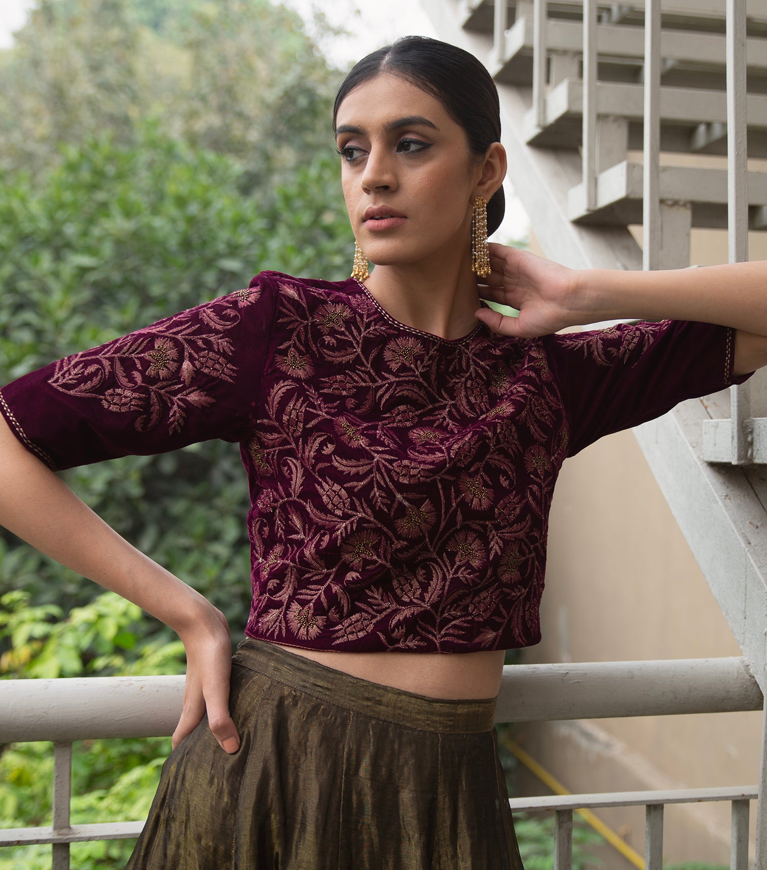 Wine Hand Embroidered Velvet Blouse – Tulsi Online