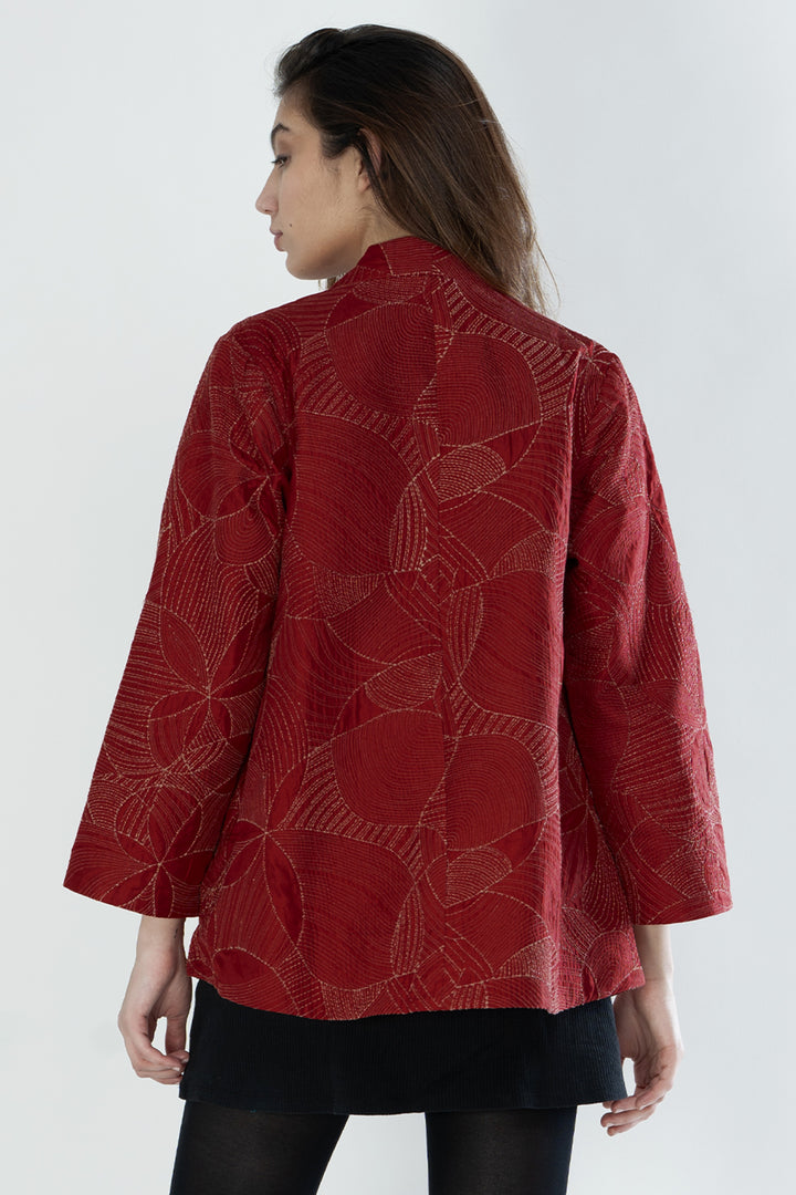 Red Embroidered Quilted Silk Jacket