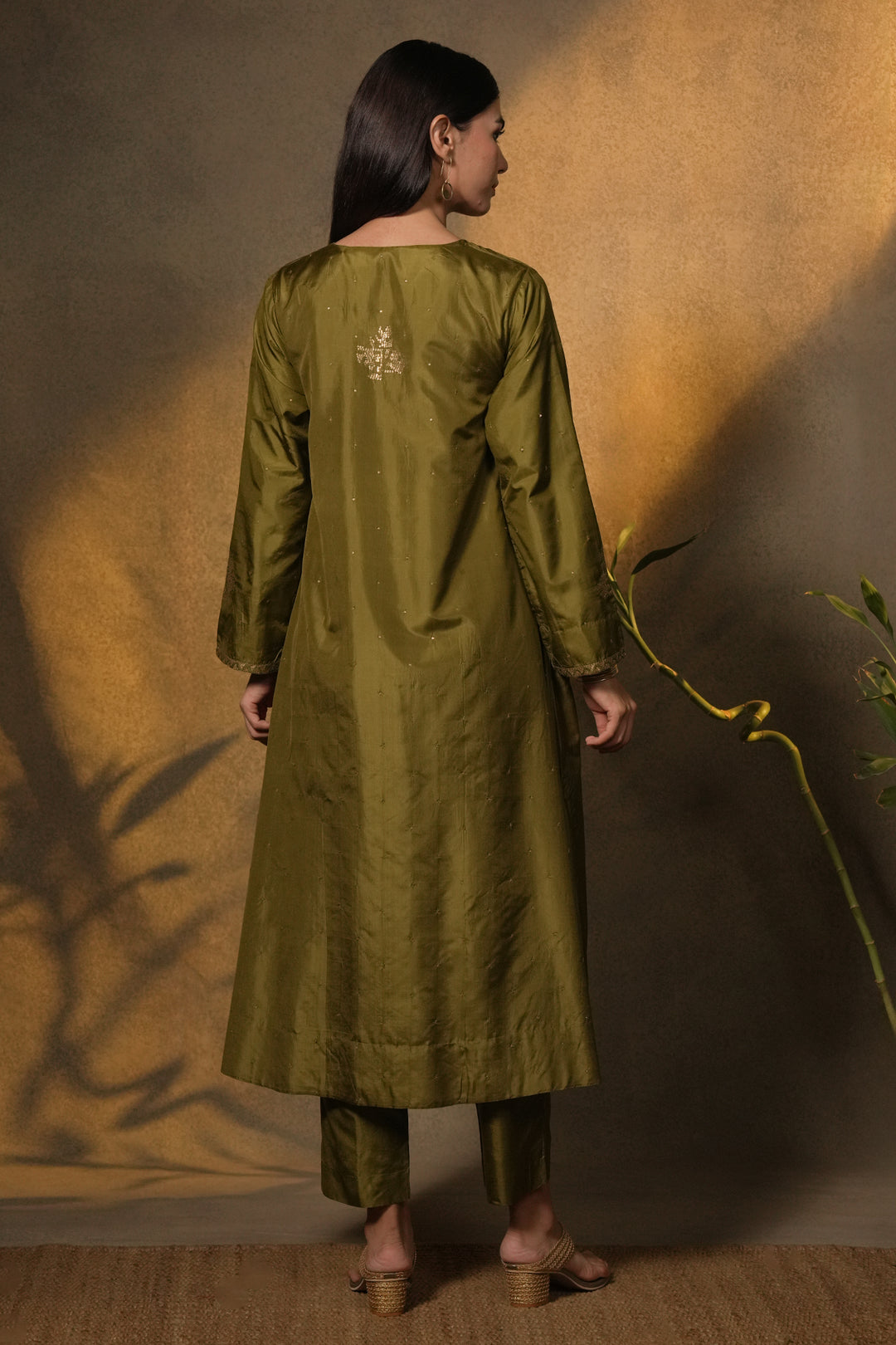 Olive Green Hand Embroidered Silk Kurta with Pants and Organza Dupatta