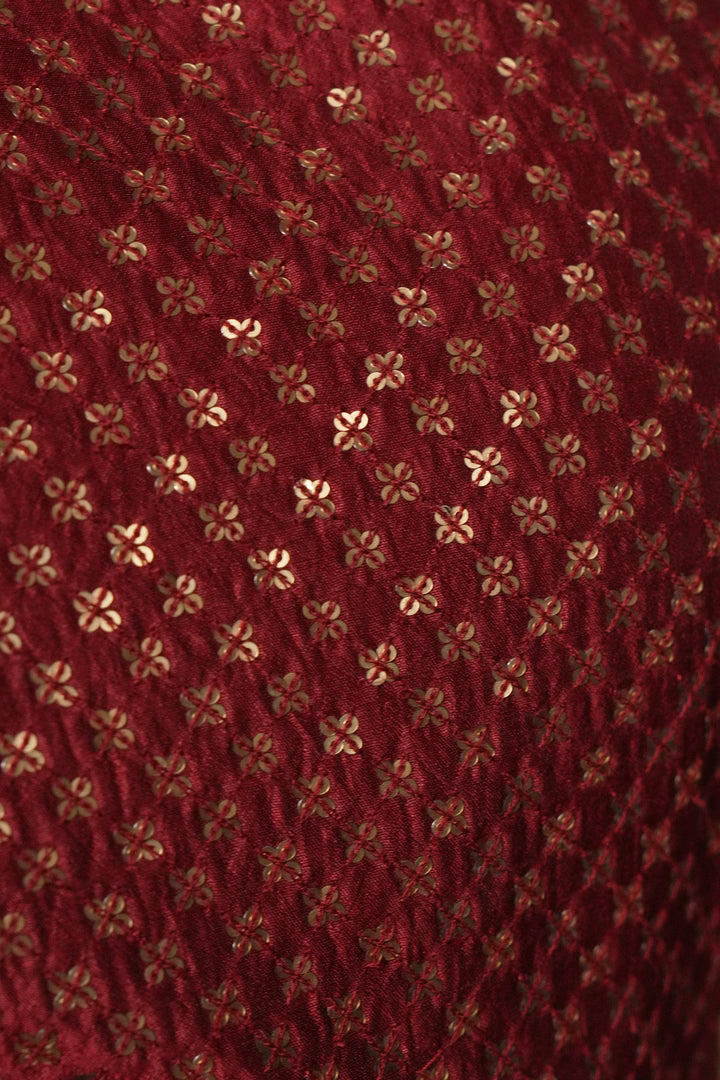 Maroon Hand Embroidered Chanderi Lehenga Set with Blouse & Dupatta