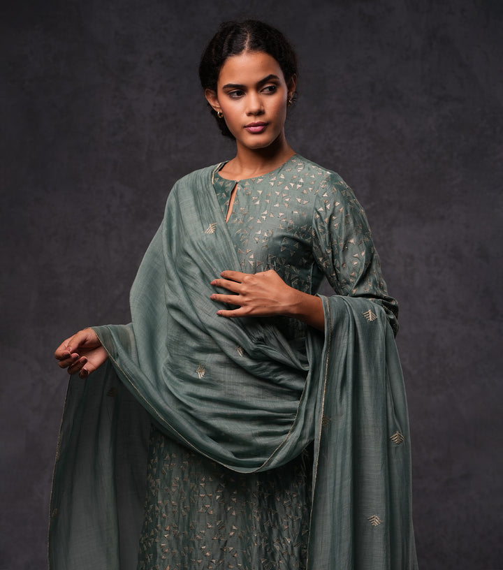 Moss Green Embroidered Cotton Silk Kurta Set