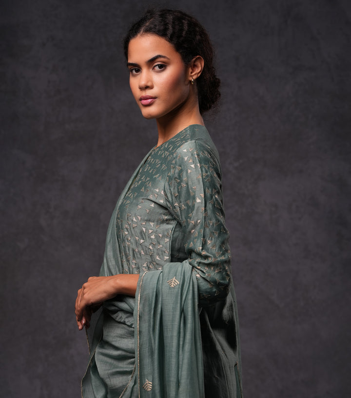 Moss Green Embroidered Cotton Silk Kurta Set