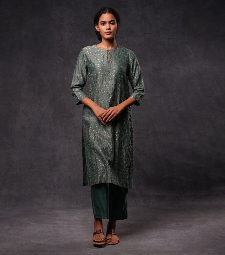 Moss Green Embroidered Cotton Silk Kurta Set