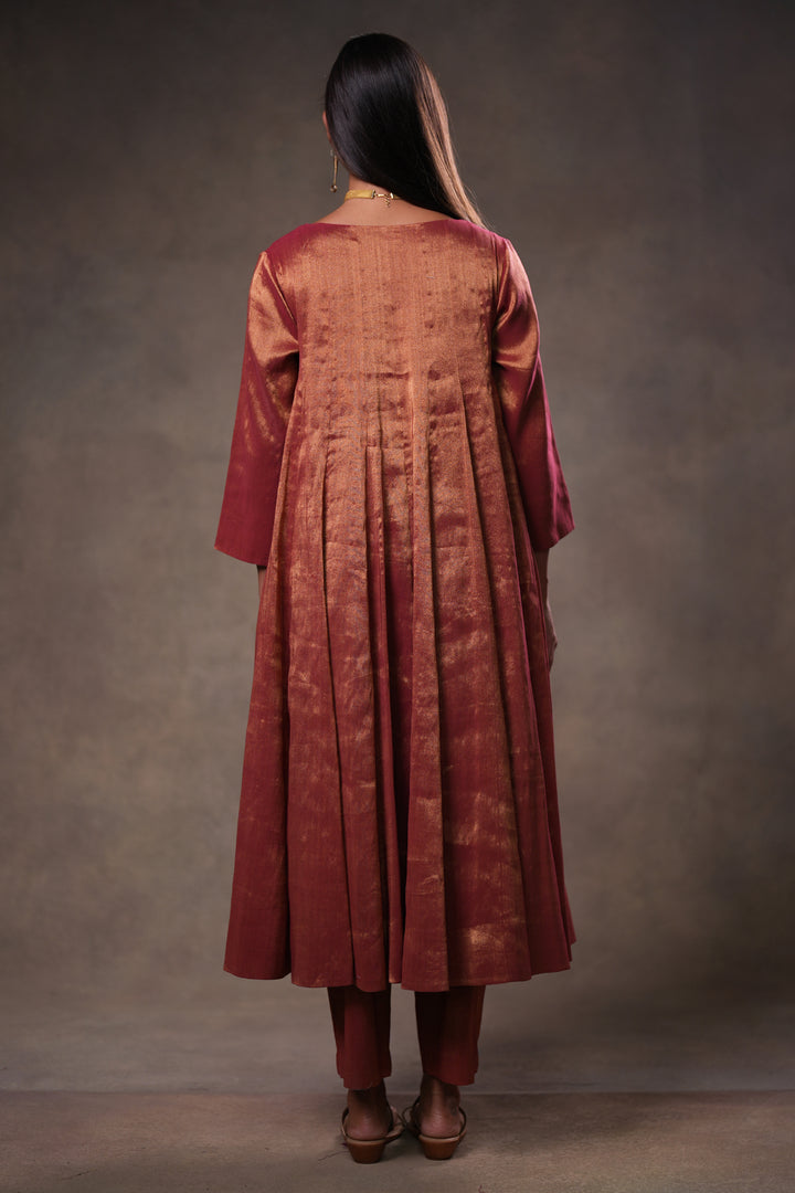 Maroon Tissue Kurta with Pants and Hand Embroidered Dupatta