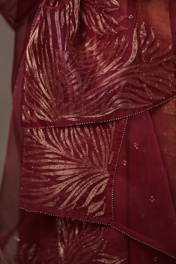 Maroon Hand Embroidered Organza Dupatta