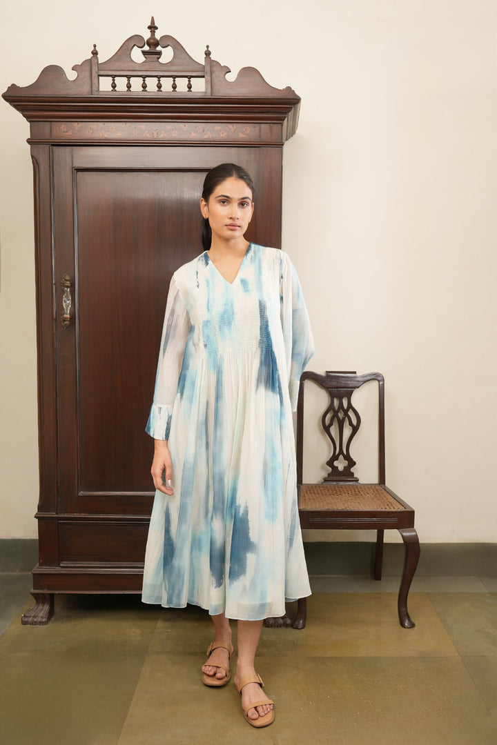 Blue and Off White Abstract Print Midi Dress