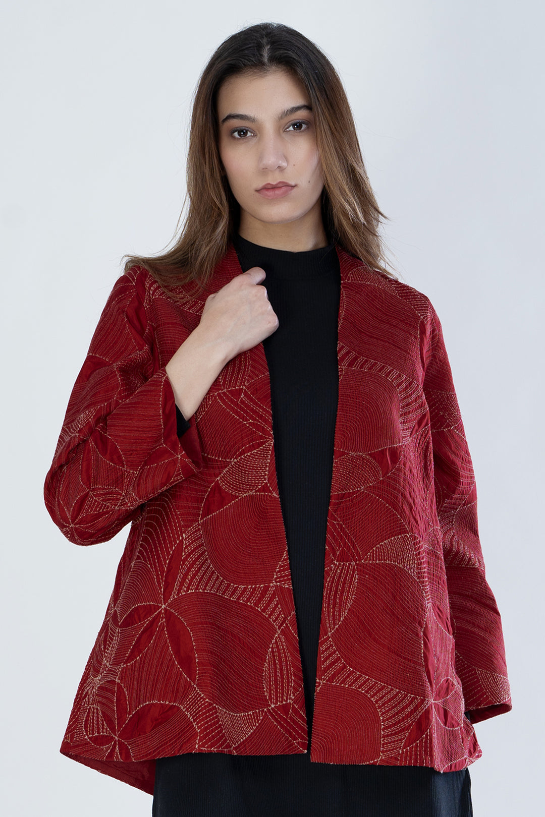 Red Embroidered Quilted Silk Jacket
