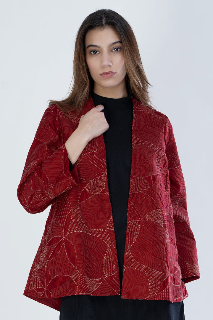Red Embroidered Quilted Silk Jacket