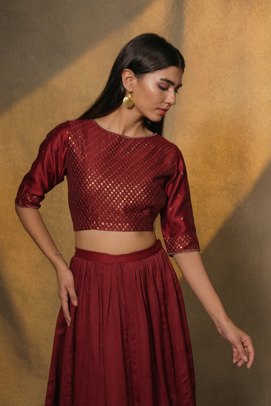 Maroon Hand Embroidered Chanderi Lehenga Set with Blouse & Dupatta