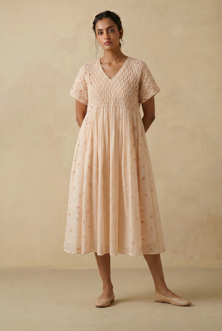 Cream Printed Chanderi Dress