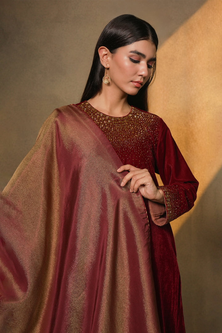 Maroon Velvet Kurta with Pants and Tissue Dupatta