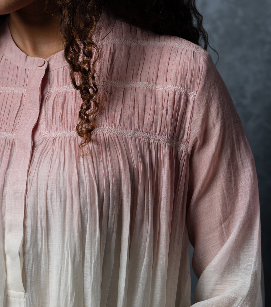 Pink & Ivory Ombre Thread Embroidered Cotton Silk Long Dress