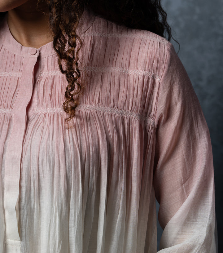 Pink & Ivory Ombre Thread Embroidered Cotton Silk Long Dress