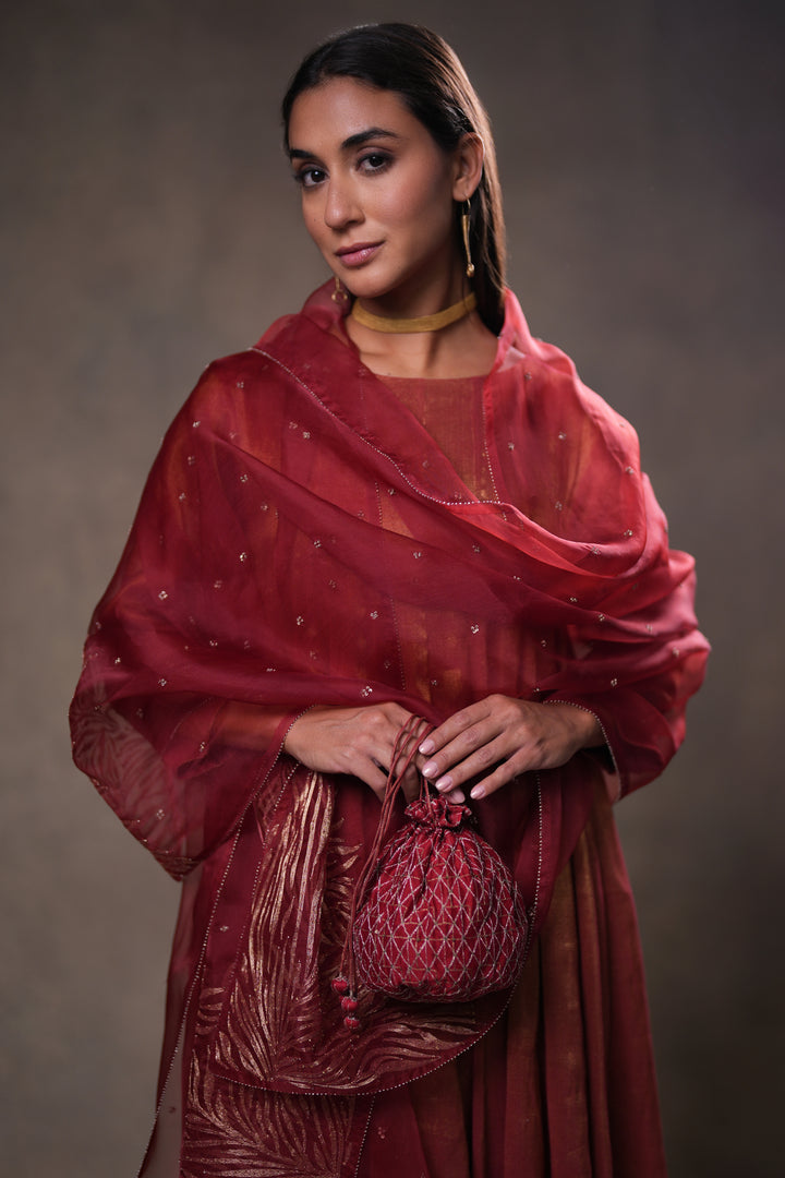 Maroon Hand Embroidered Organza Dupatta