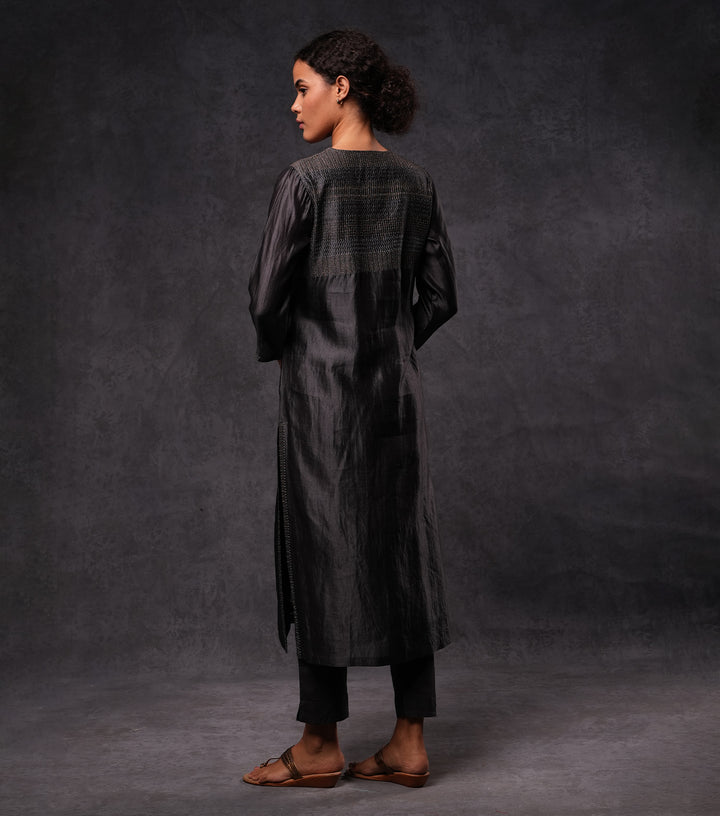 Charcoal Hand Embroidered Silk Straight Kurta Set with Pants & Dupatta
