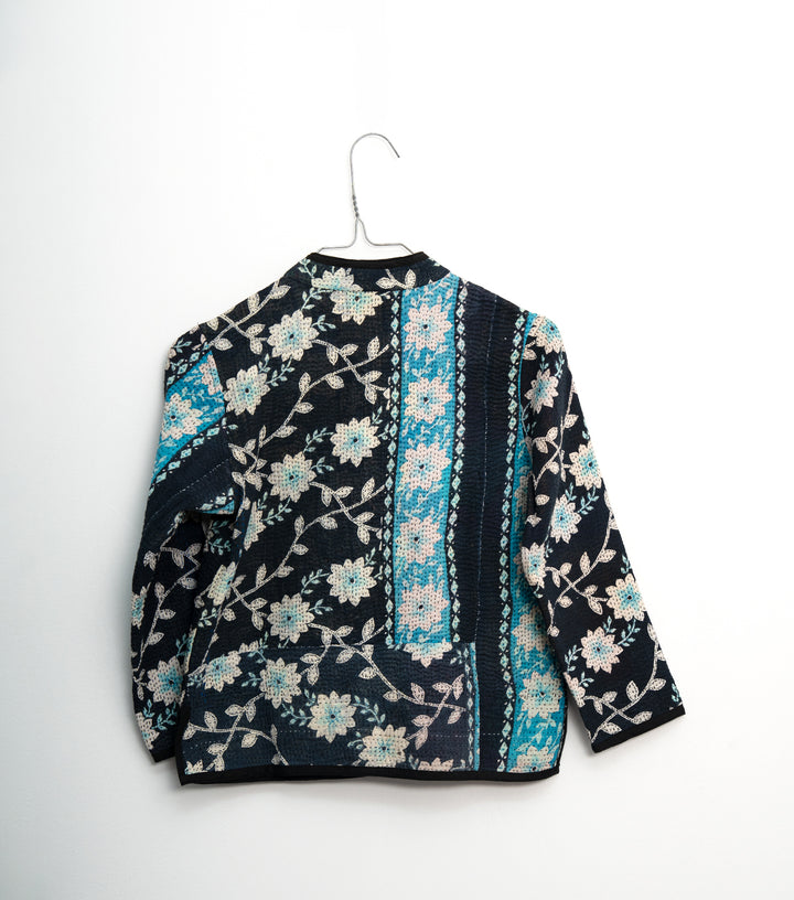 Black Vintage Cotton Kantha Jacket For Kids