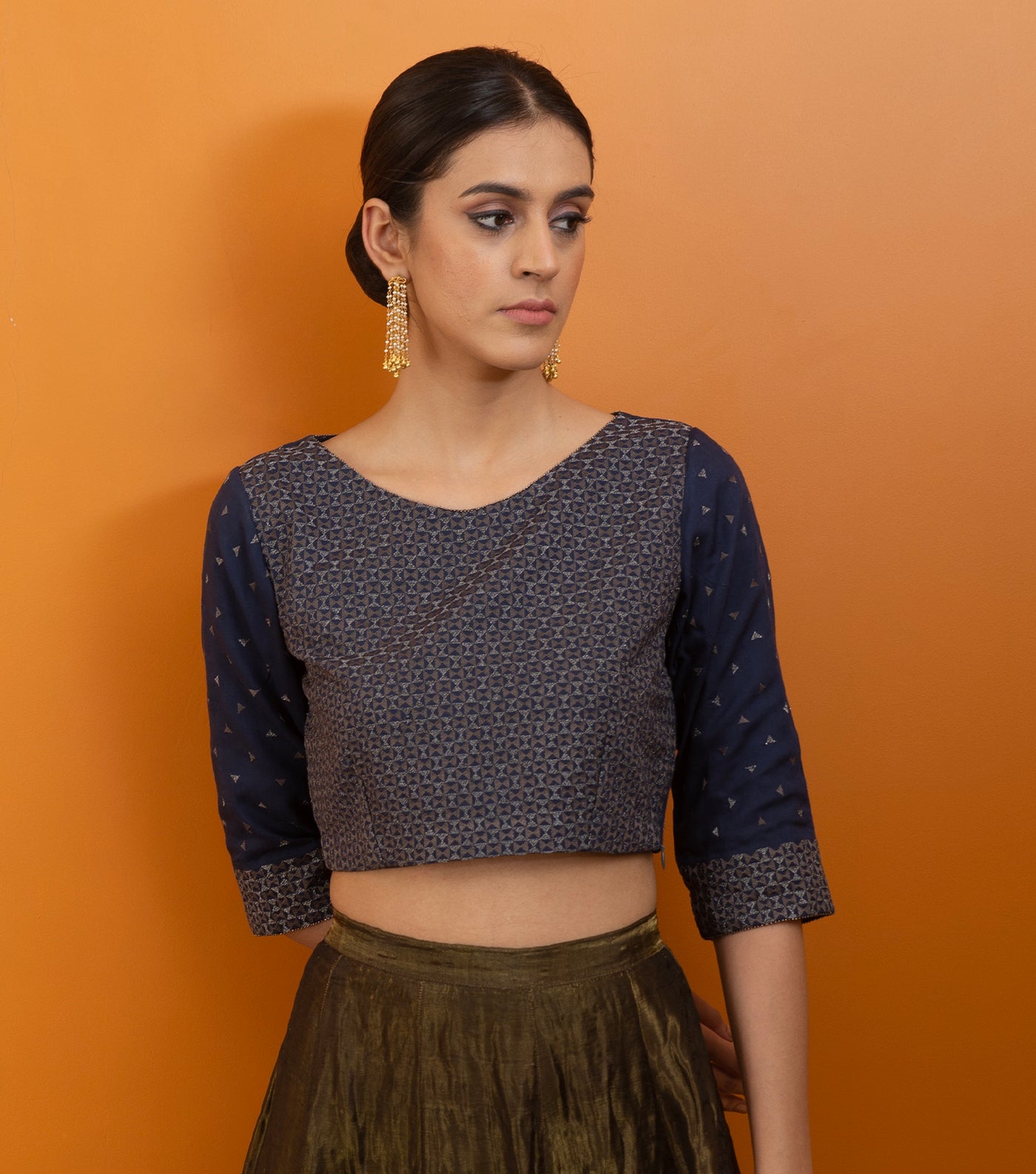 Navy Blue Embroidered Cotton Silk Blouse