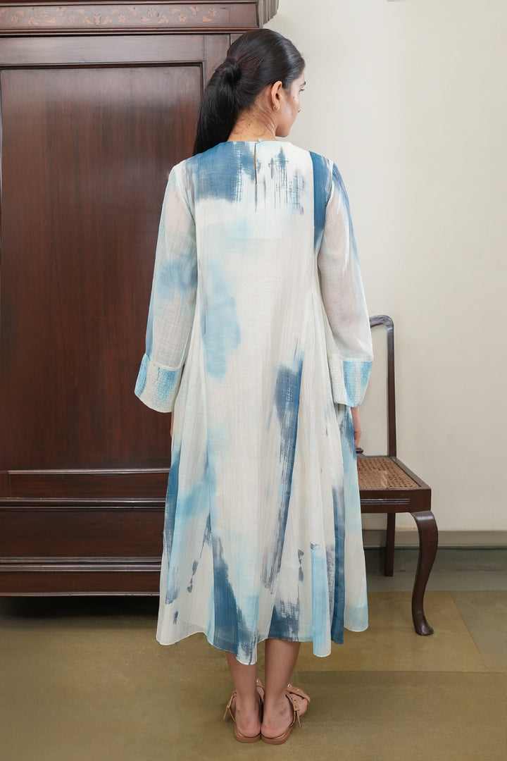 Blue and Off White Abstract Print Midi Dress