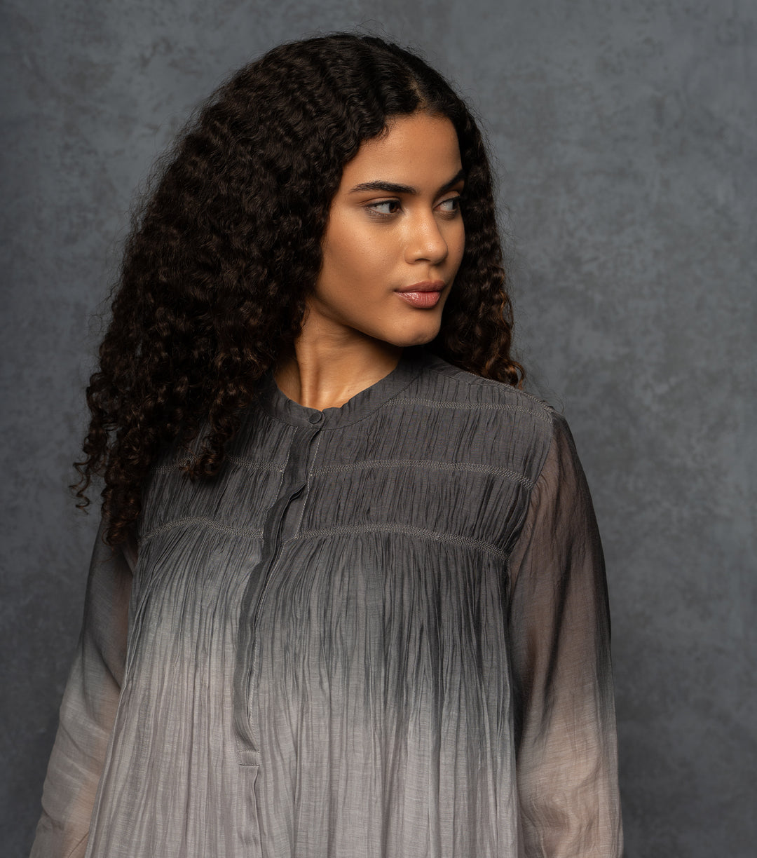 Black & Grey Ombre Thread Embroidered Cotton Silk Long Dress