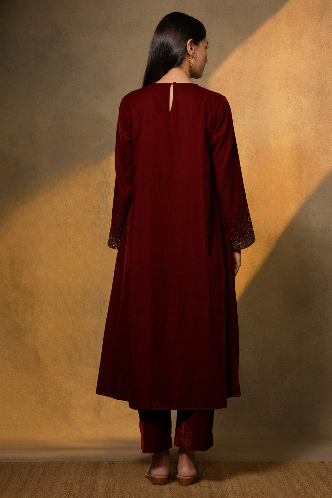 Maroon Velvet Kurta with Pants and Tissue Dupatta