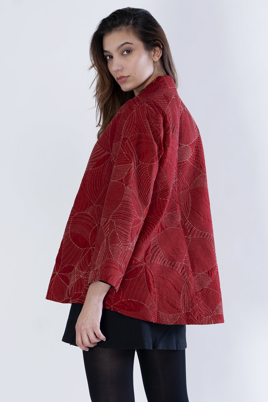 Red Embroidered Quilted Silk Jacket