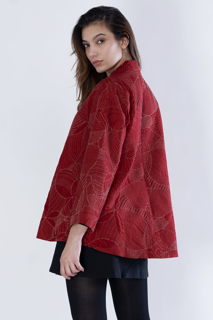 Red Embroidered Quilted Silk Jacket