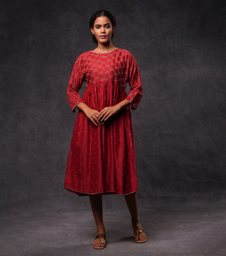 Red Embroidered Cotton Silk  Dress