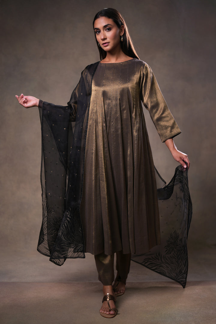 Black Tissue Kurta with Pants and Hand Embroidered Dupatta