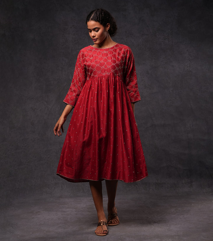 Red Embroidered Cotton Silk  Dress