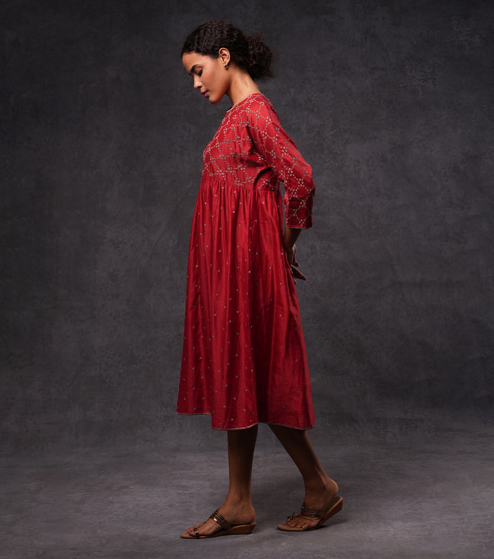 Red Embroidered Cotton Silk  Dress