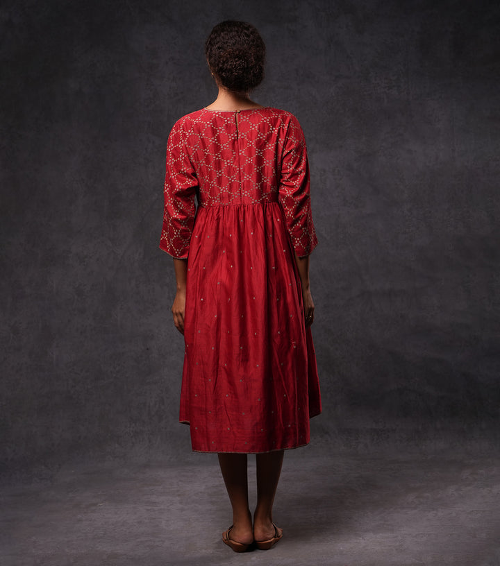 Red Embroidered Cotton Silk  Dress