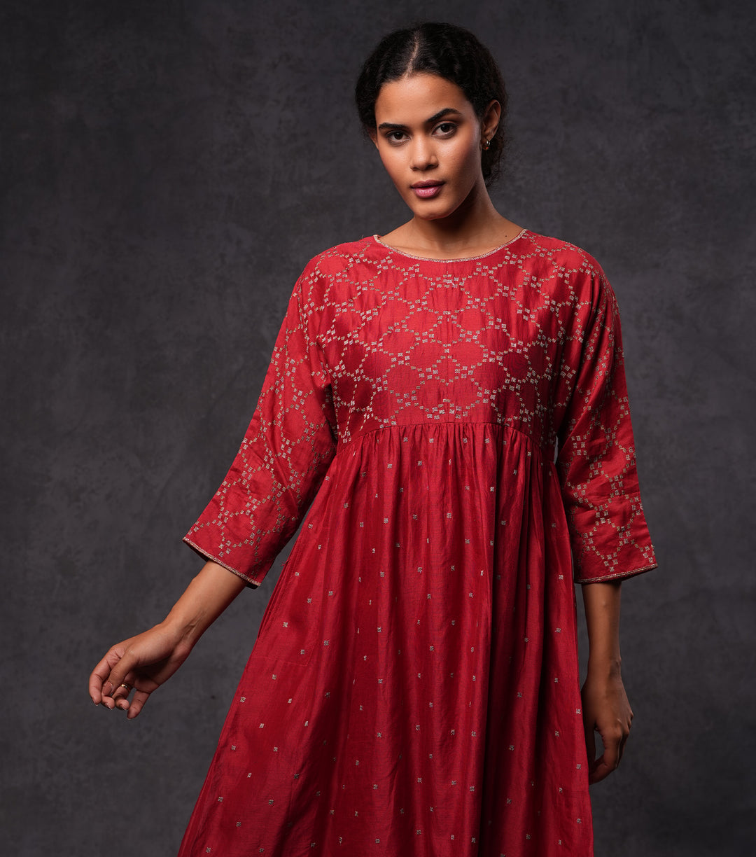 Red Embroidered Cotton Silk  Dress