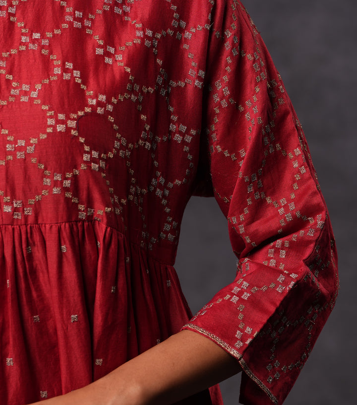Red Embroidered Cotton Silk  Dress