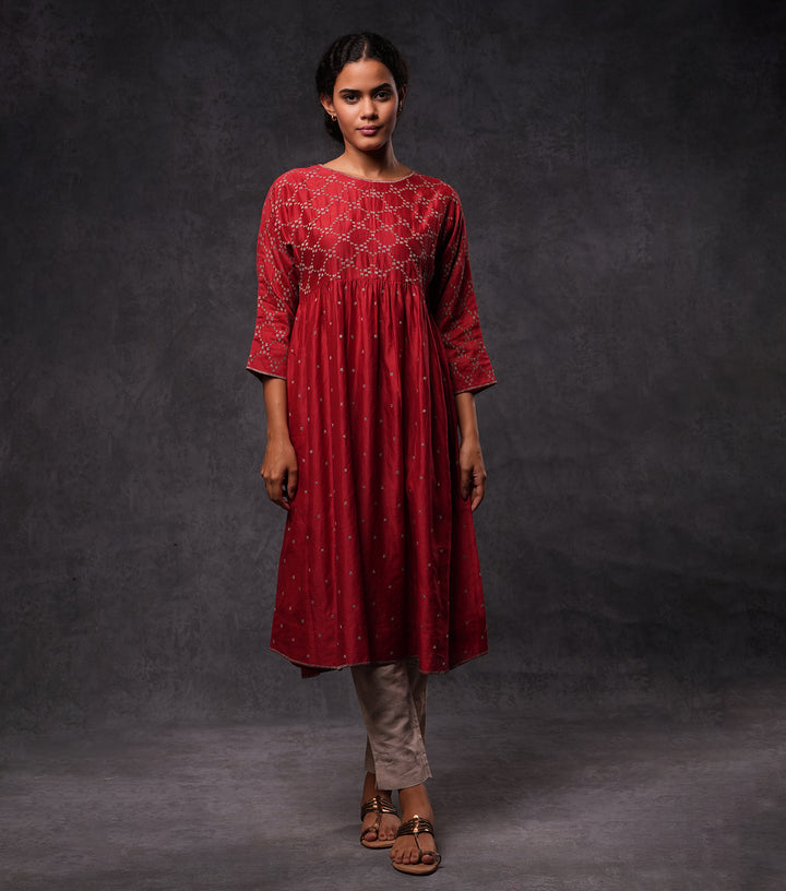 Red Embroidered Cotton Silk  Dress